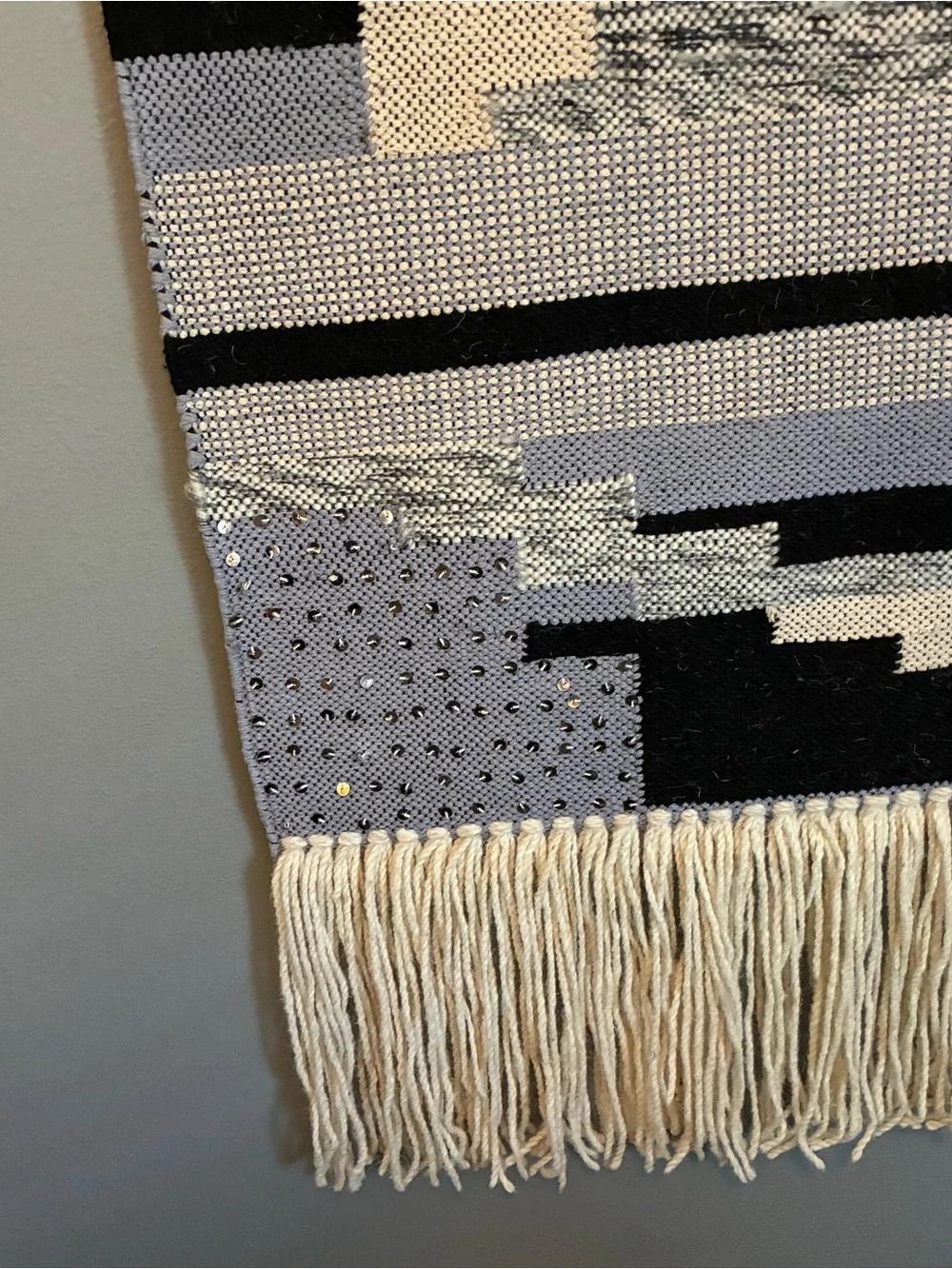 New. Wool Handwoven Boho Geometric Wall Hanging Decor - Beige, Gray & Black